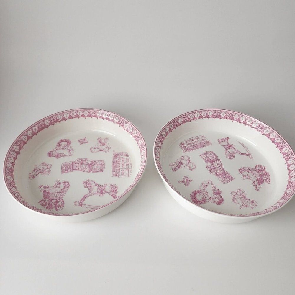 Set of 2 - Queens China A Gift For A Girl Baby Bowl Pink White Doll Blocks 6.75"